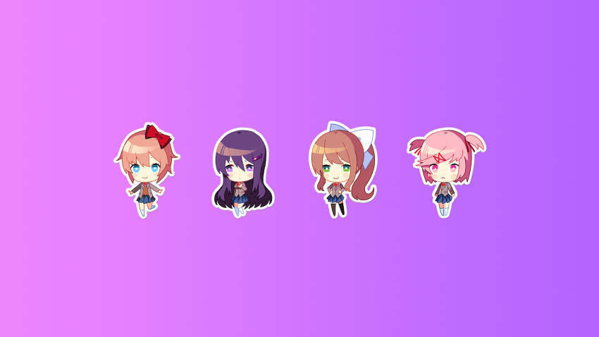 4girls :&lt; annoyed arms_at_sides averting_eyes black_thighhighs blazer blue_eyes blue_skirt blush_stickers bow breasts brown_hair brown_sweater_vest chibi chibi_only closed_mouth doki_doki_literature_club doki_doki_literature_club doki_doki_literature_club_school_uniform dot_mouth eyebrows_hidden_by_hair full_body game_cg gradient_background green_eyes grey_jacket hair_between_eyes hair_bow hair_ornament hairclip hand_on_own_chest hands_on_own_hips highres jacket large_bow large_breasts lineup long_eyelashes long_hair long_sidelocks looking_at_viewer medium_breasts miniskirt monika_(doki_doki_literature_club) multiple_girls natsuki_(doki_doki_literature_club) neck_ribbon non-web_source official_art official_wallpaper open_clothes open_jacket outline outstretched_arms parted_bangs pink_background pink_eyes pink_hair pleated_skirt pout purple_background purple_eyes red_bow red_ribbon ribbon satchely sayori_(doki_doki_literature_club) school_uniform short_hair shy sidelocks skirt smile socks spread_arms standing standing_on_one_leg sweater_vest swept_bangs thick_eyelashes thighhighs two_side_up v-shaped_eyebrows very_long_hair white_bow white_outline white_socks x_hair_ornament yuri_(doki_doki_literature_club)