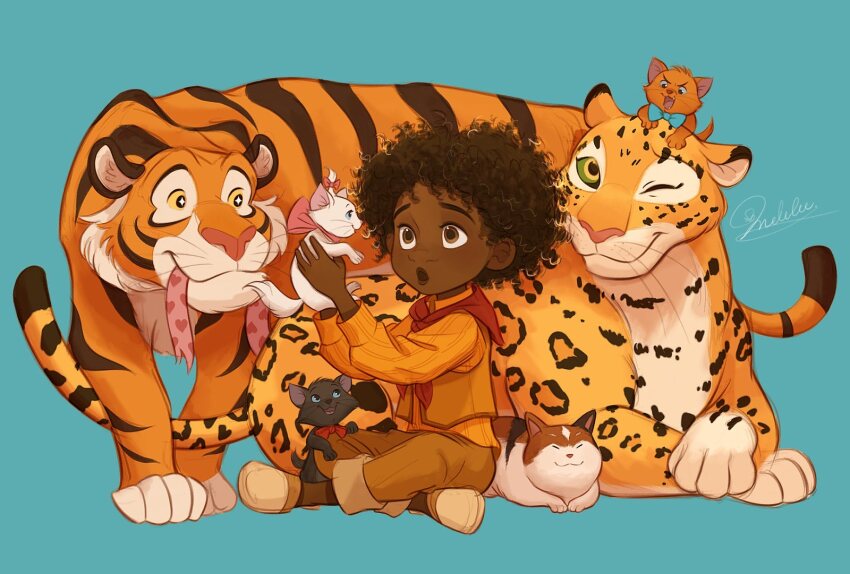 1boy animal antonio_madrigal berlioz_(disney) blue_background brown_eyes brown_hair brown_pants cat crossover dark-skinned_male dark_skin encanto highres holding holding_animal holding_cat leopard marie_(the_aristocats) melchencanto orange_shirt orange_vest pants shirt short_hair signature simple_background sitting the_aristocats tiger toulouse_(disney) very_dark_skin vest