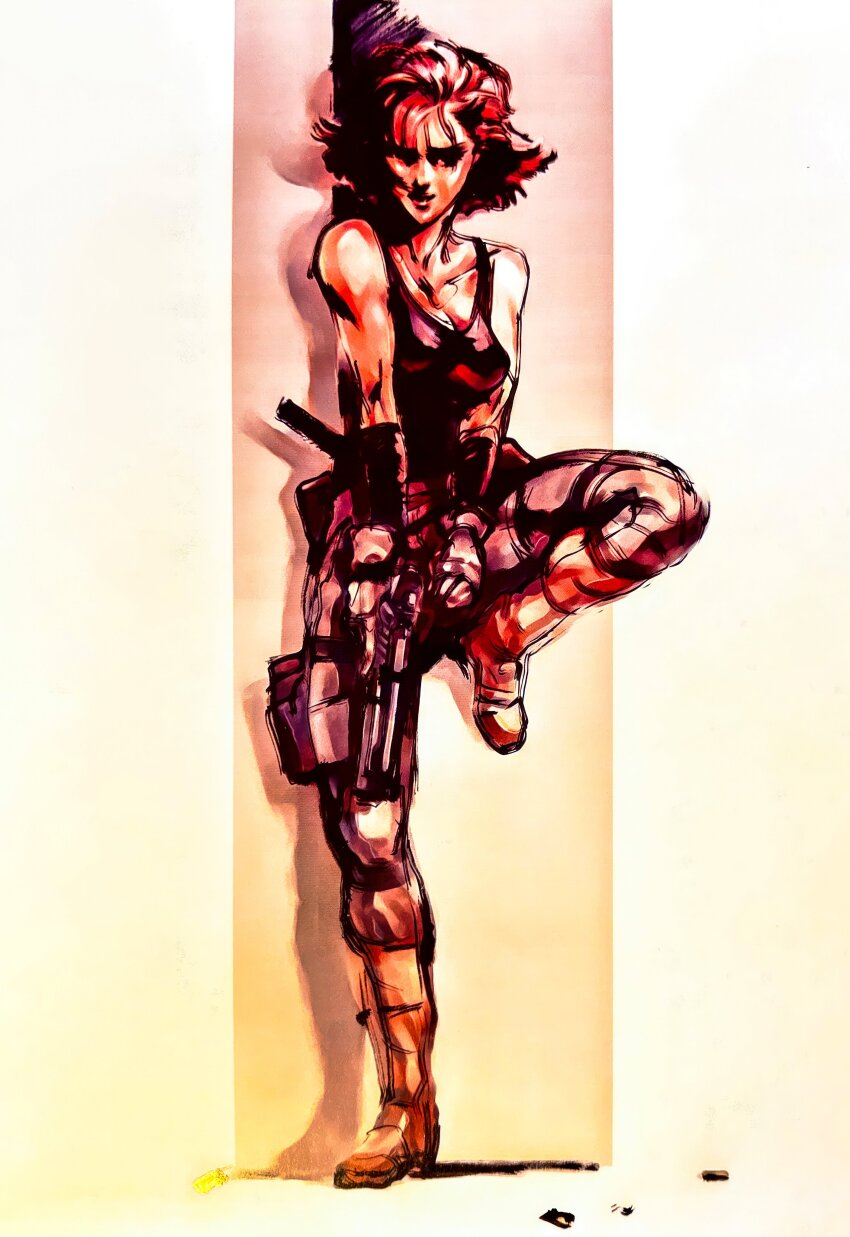 1girl absurdres bare_shoulders black_tank_top boots breasts cleavage desert_eagle fingerless_gloves flipped_hair foot_against_wall full_body gloves gun handgun highres holding holding_gun holding_weapon meryl_silverburgh metal_gear_(series) metal_gear_solid official_art red_hair shinkawa_youji short_hair sideways_glance smile solo standing standing_on_one_leg tank_top weapon
