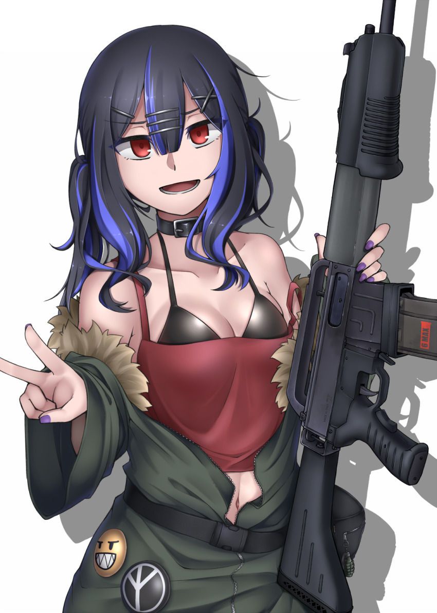 1girl :d bare_shoulders bismuth_(paravene) black_collar black_hair breasts camisole cleavage collar collarbone colored_eyelashes commentary_request dual-mode_shotgun eyeshadow female_focus franchi fur-trimmed_jacket fur_trim green_jacket gun hair_between_eyes hair_ornament hairclip highres holding jacket long_sleeves looking_at_viewer makeup medium_breasts multicolored_hair nail_polish navel off_shoulder open_mouth original piercing pump-action_shotgun pump_action purple_hair purple_nails red_camisole red_eyes revision semi-automatic_shotgun shotgun sleeves_past_wrists smile solo spas-15 streaked_hair tongue_piercing twintails v weapon white_background x_hair_ornament