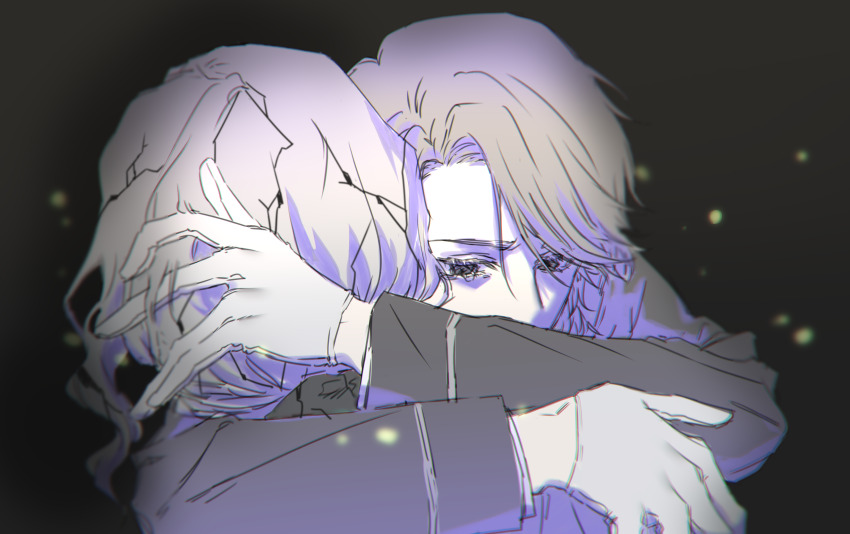 2boys absurdres aesop_carl black_background black_bow black_eyes black_jacket bow brown_hair commentary_request gloves grey_hair hair_bow hands_up highres hug identity_v jacket jiz_(pffbq) joseph_desaulniers long_sleeves low_ponytail male_focus multiple_boys ponytail short_hair upper_body white_gloves