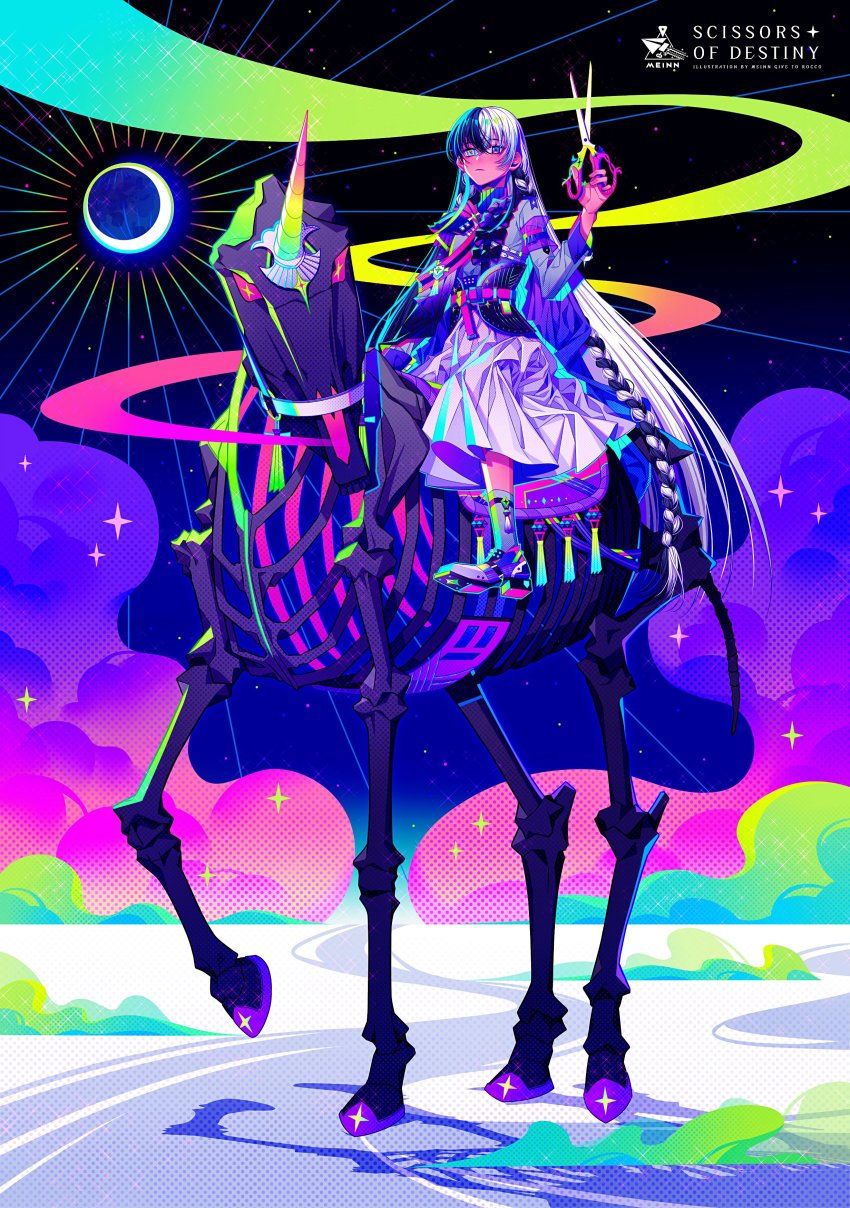 absurdres asymmetrical_hair black_hair cloud cloudy_sky collar dress heterochromia highres horns horse long_hair looking_at_viewer moon mrmeinn original riding scissors shoes single_horn skeleton_horse sky sneakers solo sparkle unicorn very_long_hair white_hair