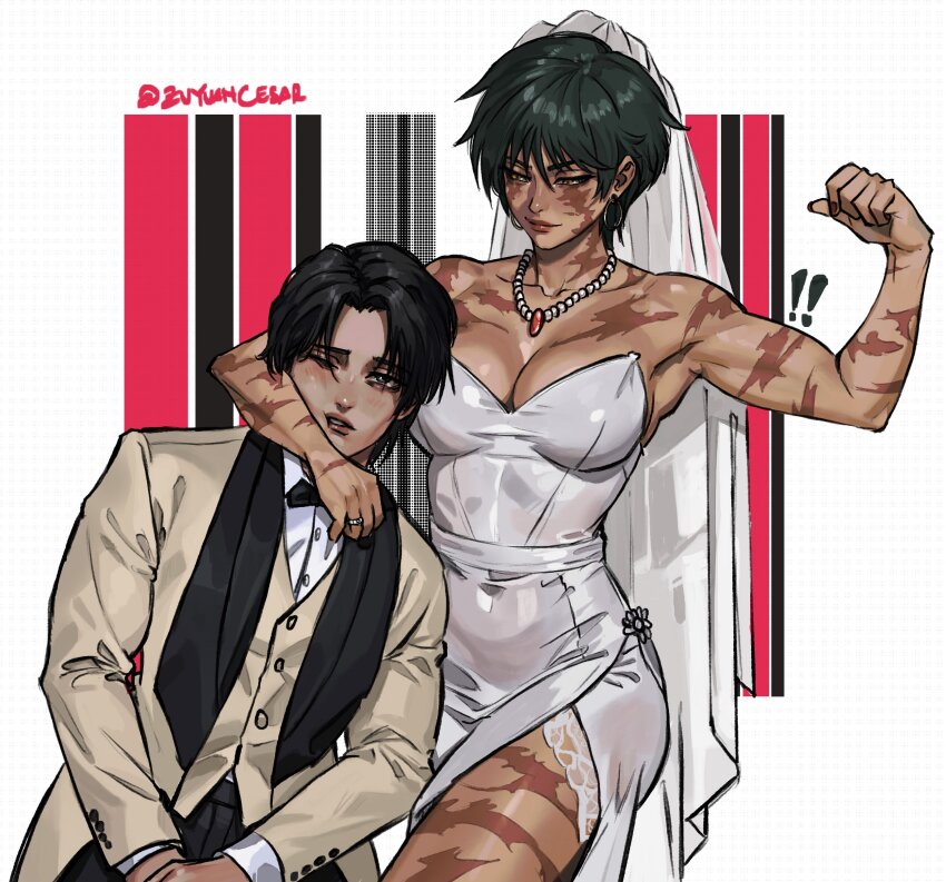 ! !! 1boy 1girl absurdres arm_around_neck biceps black_bow black_bowtie bow bowtie breasts bridal_veil brown_hair cleavage dress flexing formal_clothes green_hair highres jewelry jujutsu_kaisen meme muscular muscular_bride_(meme) muscular_female necklace okkotsu_yuuta one_eye_closed ring short_hair signature smile suit veil wedding_dress wedding_ring wedding_suit zen&#039;in_maki zu_yuan_cesar