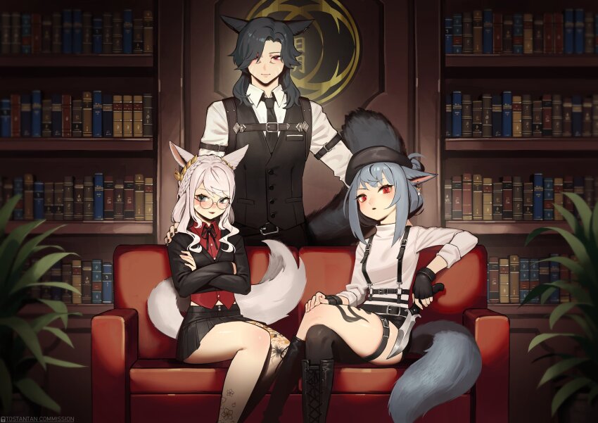1boy 2girls animal_ear_piercing animal_ears artist_name bare_legs belt beret black_boots black_eyes black_gloves black_hair black_hat black_nails black_necktie black_ribbon black_skirt black_vest book bookshelf boots borrowed_character braid cat_boy cat_ears cat_girl cat_tail commentary commission couch crossed_arms crossed_legs crown_braid english_commentary facial_mark final_fantasy final_fantasy_xiv fingerless_gloves freckles glasses gloves grey_hair hand_on_own_knee hat highres holding holding_knife indoors knee_boots knife lace-up_boots laurel_crown leg_tattoo long_sleeves looking_at_viewer miqo&#039;te multiple_girls nail_polish neck_ribbon necktie open_mouth original plant pleated_skirt potted_plant red_eyes red_lips red_shirt ribbon shirt single_bare_leg single_thighhigh sitting skirt slit_pupils tail tattoo thigh_belt thigh_strap thighhighs tostantan vest warrior_of_light_(ff14) whisker_markings white_hair white_shirt wing_collar
