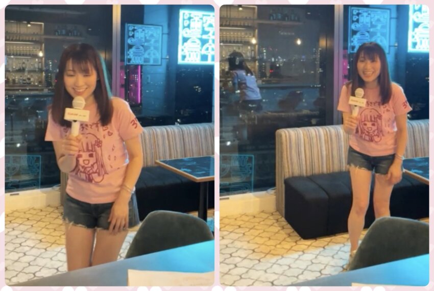 highres idol j-pop karaoke kawaii kuribayashi_minami microphone pink_shirt real_life shirt short_pants singer