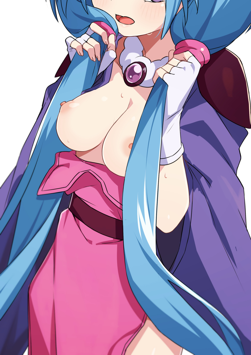 1girl blue_hair breasts breasts_out cleavage fingerless_gloves gloves haou_taikei_ryuu_knight head_out_of_frame highres holding holding_own_hair long_hair medium_breasts morisobo nipples open_mouth paffy_pafuricia purple_eyes simple_background solo twintails very_long_hair white_background white_gloves