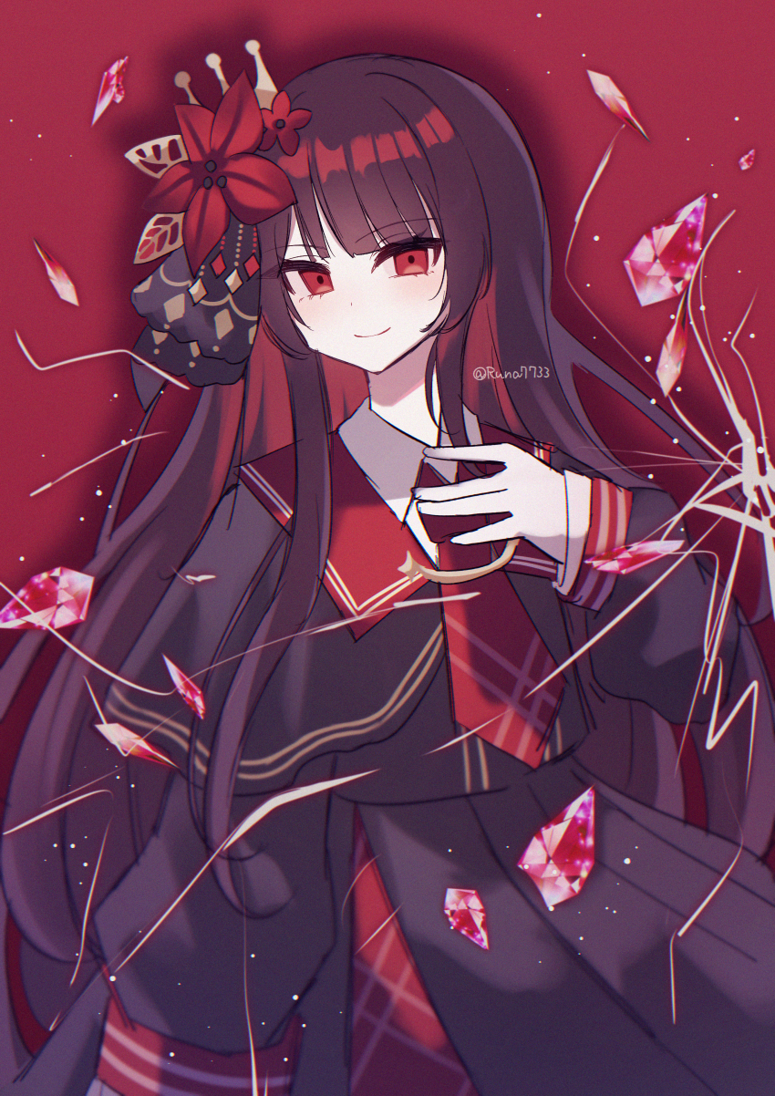 1girl absurdres black_hair black_shirt black_skirt blunt_bangs closed_mouth collared_shirt commentary_request cowboy_shot crack crown crystal flower gloves hair_flower hair_ornament hand_on_own_chest highres long_hair long_sleeves looking_at_viewer magical_girl mahou_shoujo_no_majo_saiban necktie nikaido_hiro pleated_skirt red_background red_eyes red_flower red_necktie runa_(runa7733) shards shirt skirt smile solo standing white_gloves