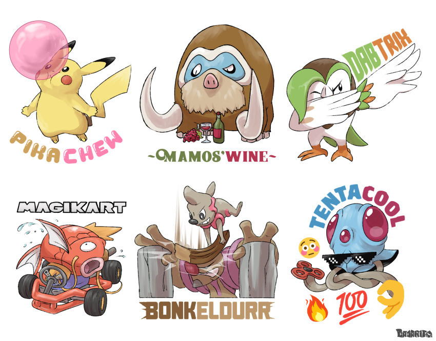 artist_name blowing_bubble_gum bonk bottle car chewing_gum conkeldurr crossed_tentacles cup dab_(dance) dartrix drinking_glass elcajarito english_text fidget_spinner fire fish flushed_face_emoji food fruit gen_1_pokemon gen_4_pokemon gen_5_pokemon gen_7_pokemon grapes highres magikarp mamoswine motor_vehicle nintendo no_humans pikachu pokemon pokemon_(creature) pun simple_background sunglasses tentacool timburr tusks white_background wine_bottle wine_glass
