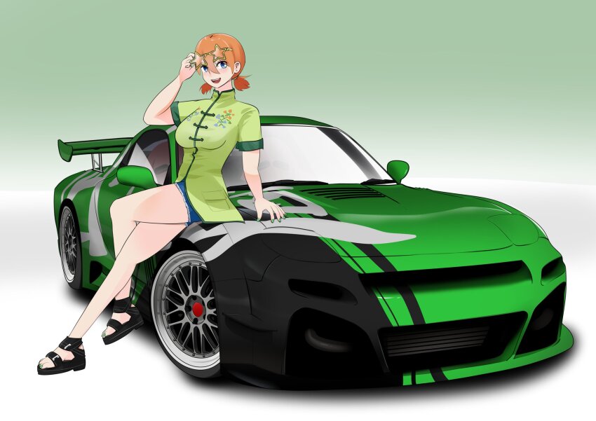 1girl adjusting_eyewear alternate_costume alternate_hairstyle bare_arms bare_legs black_sandals blue_eyes blue_shorts breasts car chinese_clothes collared_shirt commission crossed_legs denim denim_shorts eyewear_lift eyewear_on_head floral_print floral_print_shirt go-toubun_no_hanayome green_background green_nails green_shirt hairband hand_on_car hand_on_eyewear highres holeecrab long_legs looking_at_viewer mazda_rx-7 mazda_rx-7_fd medium_breasts motor_vehicle nail_polish nakano_yotsuba need_for_speed need_for_speed:_carbon on_car open_mouth orange_hair platform_sandals pocket sandals second-party_source shirt short_hair short_sleeves shorts smile sports_car star-shaped_eyewear star_(symbol) teeth thighs toes twintails upper_teeth_only yellow-framed_eyewear