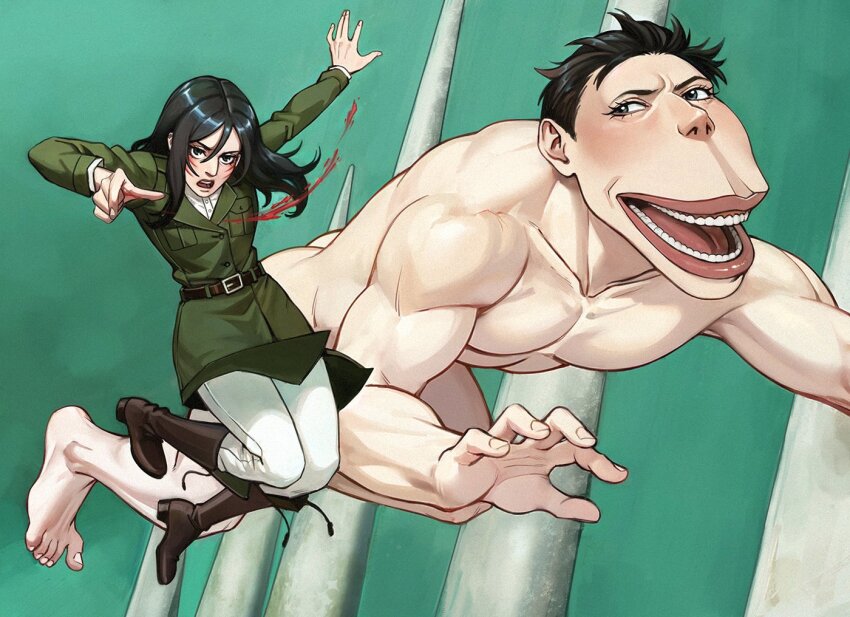 1girl 1other adelheid_(moschiola) aqua_background belt black_belt black_eyes black_footwear black_hair blood boots breasts cart_titan coat full_body green_coat hair_between_eyes injury long_sleeves looking_at_viewer medium_breasts military_coat open_mouth pants pieck_finger scar scar_on_face self-harm shingeki_no_kyojin teeth titan_(shingeki_no_kyojin) titan_shifter_scars white_pants