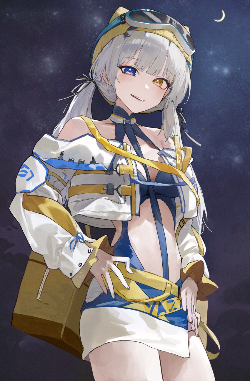 1girl absurdres beanie blue_eyes breasts goggles goggles_on_headwear hat heterochromia highres jacket long_hair long_sleeves looking_at_viewer mac_star moon original small_breasts solo thighs white_hair white_jacket yellow_eyes yellow_hat