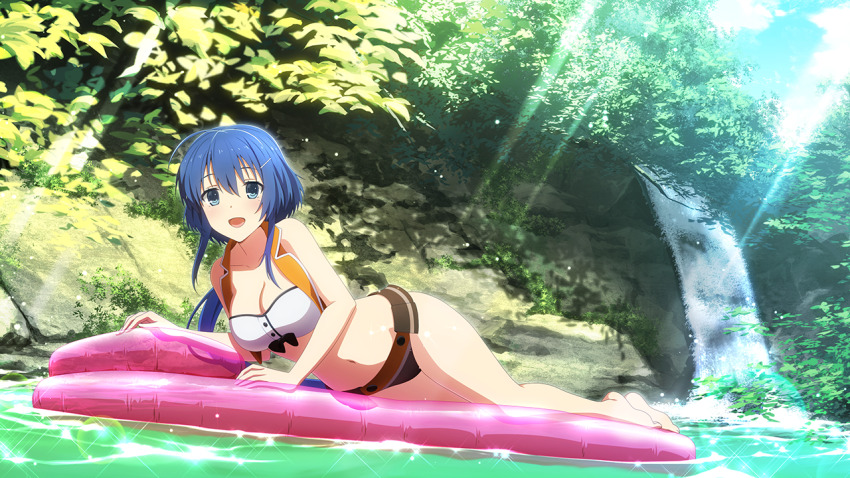 1girl :d adapted_costume afloat barefoot bikini blue_eyes blue_hair breasts cleavage collarbone day game_cg hair_between_eyes hair_ornament hairclip inflatable_raft large_breasts long_hair looking_at_viewer lying nature navel official_art open_mouth osafune_girls_academy_school_uniform outdoors ponytail school_uniform setouchi_chie smile solo stomach sunlight swimsuit toji_no_miko toji_no_miko:_kizamishi_issen_no_tomoshibi tree water white_bikini