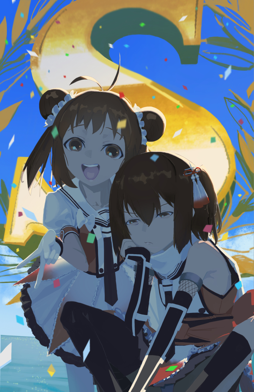 annoyed antenna_hair asymmetrical_legwear backlighting behind_another black_gloves black_necktie black_thighhighs blue_sky brown_eyes brown_hair closed_mouth confetti day double_bun elbow_gloves feet_out_of_frame fingerless_gloves frown gloves gyaru_v hair_bun hair_ornament highres indian_style kantai_collection looking_at_viewer naka_(kancolle) necktie ocean one_side_up open_mouth outdoors puffy_short_sleeves puffy_sleeves raised_eyebrows sailor_collar scarf sendai_(kancolle) shirt short_hair short_sleeves single_thighhigh sitting skirt sky sleeveless sleeveless_shirt smile tassel tassel_hair_ornament thighhighs traffic_(ntraffic1) uneven_legwear v victory white_scarf white_skirt
