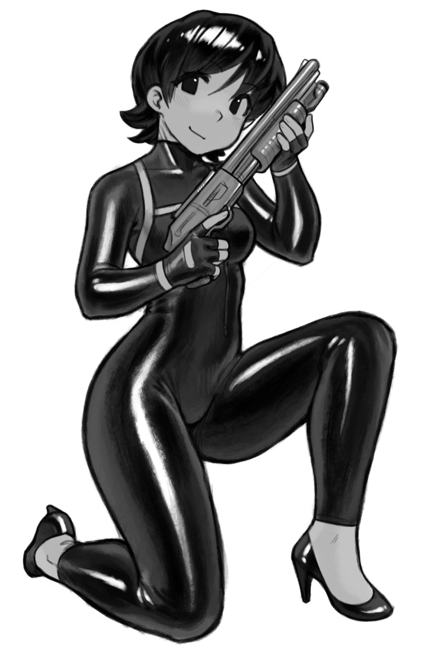 1girl absurdres black_bodysuit blush bodysuit breasts character_request closed_mouth commission copyright_request fingerless_gloves full_body gloves greyscale groin gun high_heels highres holding holding_gun holding_weapon looking_at_viewer medium_breasts monochrome on_one_knee shiny_clothes shotgun simple_background smile solo tareme trigger_discipline weapon white_background yirtios