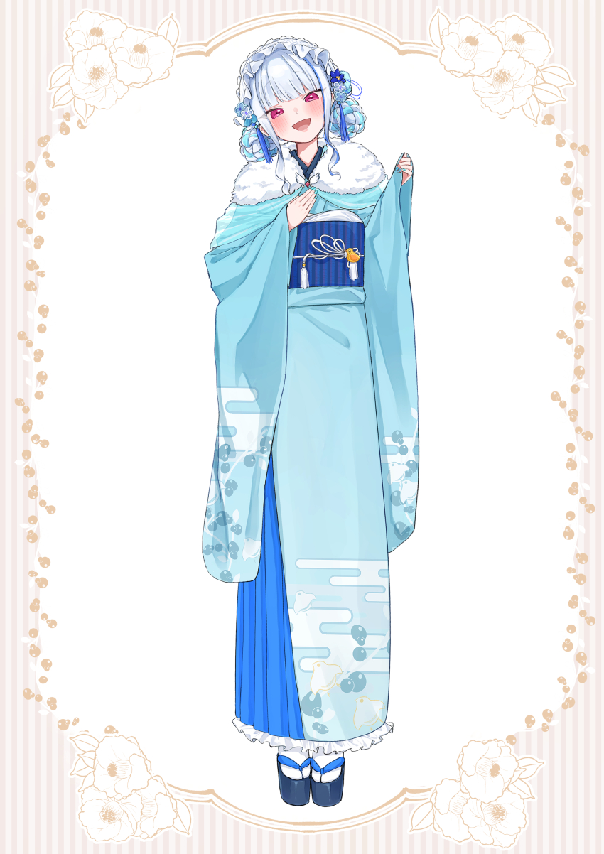 1girl 3znk :d absurdres alternate_costume alternate_hairstyle animal_print aqua_nails bird_ornament bird_print blue_flower blue_hair blue_kimono blue_sandals blue_sash blue_shawl blue_skirt blush border braid braided_bun brown_border commentary_request double_bun egasumi floral_border flower frilled_hairband frilled_skirt frills full_body fur_shawl furisode hair_bun hair_flower hair_ornament hairband hand_on_own_chest hands_up head_tilt highres japanese_clothes kanzashi kimono lips lize_helesta long_skirt looking_at_viewer multicolored_hair nail_polish nijisanji obi obiage obidome obijime okobo open_mouth platform_sandals print_kimono purple_eyes sandals sash sebastian_piyodore see-through_clothes see-through_shawl shawl sidelocks simple_background skirt sleeves_past_wrists smile socks solo standing straight-on streaked_hair tabi tassel tassel_hair_ornament tree_print tsumami_kanzashi two-tone_hair virtual_youtuber white_background white_flower white_hair white_hairband white_shawl white_socks