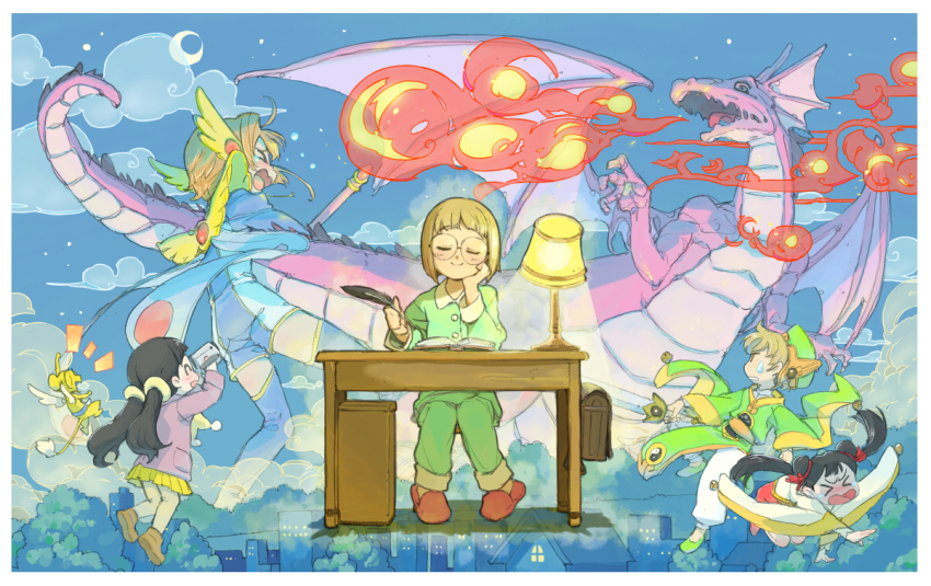 &gt;_&lt; 1boy 4girls black_hair blush book border brown_footwear brown_hair buttons camera cardcaptor_sakura city closed_eyes closed_mouth crescent_moon daidouji_tomoyo desk desk_lamp double_bun dragon fire green_pajamas hair_bun holding holding_camera holding_quill kero_(cardcaptor_sakura) kinomoto_sakura kinomoto_sakura_(hero) lamp li_meiling li_xiaolang moon multiple_girls open_book open_mouth pajamas quill short_hair slippers smile sweatdrop twintails usikani white_border yanagisawa_naoko