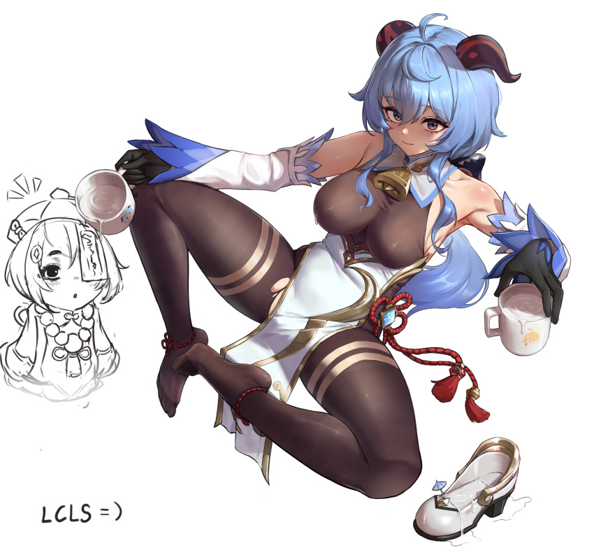 2girls absurdres ahoge bare_shoulders bell black_gloves black_pantyhose blue_hair blush bodystocking bodysuit bow breasts covered_erect_nipples cup detached_sleeves feet full_body ganyu_(genshin_impact) genshin_impact gloves gold_trim halterneck hasu_no_shiro high_heels highres holding holding_cup horns jewelry large_breasts long_hair looking_at_viewer low_ponytail lying milk multiple_girls neck_bell on_back pantyhose ponytail purple_eyes qiqi_(genshin_impact) red_rope rope shoes sidelocks smile spread_legs tassel thighlet thighs torn_clothes torn_pantyhose unworn_shoes vision_(genshin_impact) white_background white_sleeves