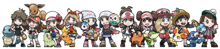 6+girls :&gt; :3 :d :o absurdres akari_(pokemon) aqua_shorts baseball_cap beanie bike_shorts bike_shorts_under_shorts black_boots black_dress black_jacket black_pantyhose black_shirt black_shoes black_shorts black_socks blacknirrow blonde_hair blue_eyes blue_hair blue_kimono blue_overalls blue_shorts boots bow bracelet braid brown_bow brown_eyes brown_hair brown_shoes cable_knit chibi chikorita closed_mouth commentary creatures_(company) dawn_(pokemon) denim denim_shorts double_bun dress eevee elaine_(pokemon) english_commentary eyelashes eyewear_on_headwear fennekin floral_print_dress flower galaxy_expedition_team_survey_corps_uniform game_freak gen_1_pokemon gen_2_pokemon gen_3_pokemon gen_4_pokemon gen_5_pokemon gen_6_pokemon gen_7_pokemon gen_8_pokemon gloria_(pokemon) green_(pokemon) green_hat green_socks grey_eyes grey_jacket hair_bun hairband hand_on_own_hip hat hat_bow hat_flower headscarf highres hilda_(pokemon) holding holding_poke_ball holding_pokemon jacket japanese_clothes jewelry kimono long_hair long_image lyra_(pokemon) may_(pokemon) mega_ring multiple_girls nintendo obi on_head open_clothes open_jacket open_mouth orange_dress orange_eyes outstretched_arms overalls pantyhose pink_bag pink_boots pink_dress pink_flower pink_hat pink_skirt piplup poke_ball poke_ball_(basic) hisuian_poke_ball poke_ball_print pokemon pokemon_(creature) pokemon_bw pokemon_bw2 pokemon_dppt pokemon_hgss pokemon_legends:_arceus pokemon_lgpe pokemon_on_head pokemon_oras pokemon_swsh pokemon_usum pokemon_xy poketch ponytail popplio red_bow red_eyes red_hairband red_hat red_scarf red_shirt red_shoes red_skirt red_tank_top rosa_(pokemon) rowlet sash scarf selene_(pokemon) serena_(pokemon) shirt shoes short_hair short_shorts shorts simple_background skirt sleeveless sleeveless_dress sleeveless_jacket smile snivy sobble socks spread_arms squirtle standing straw_hat sunglasses tam_o&#039;_shanter tank_top tepig torchic torn_clothes torn_shorts twin_braids visor_cap watch white-framed_eyewear white_background white_hat white_headscarf white_shoes white_shorts white_socks wide_image wristwatch xtransceiver yellow_bag yellow_shoes yellow_shorts
