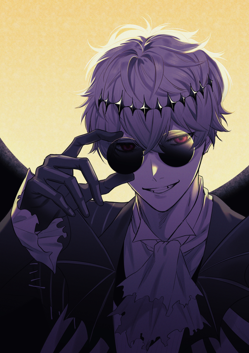 1boy black_crown crown diamond_hairband formal_clothes gloves highres jacket looking_at_viewer male_focus pinstripe_pattern pinstripe_suit round_eyewear short_hair skully_j._graves smile solo striped_clothes suit sunglasses the_nightmare_before_christmas twisted_wonderland white_hair yomi_(pgmv2834)