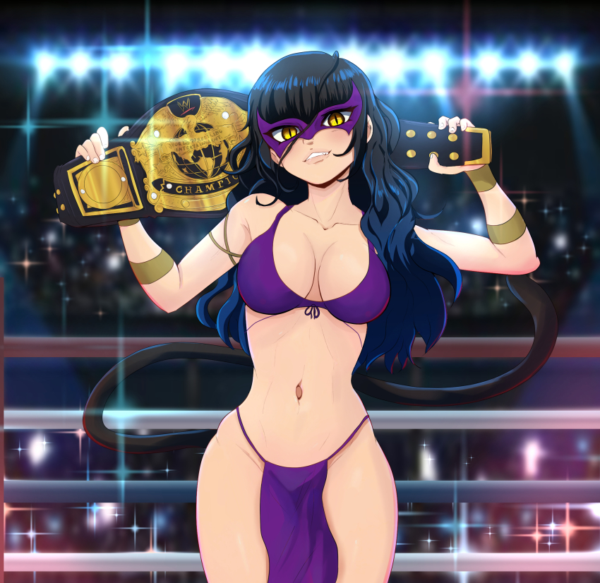 1girl arm_strap belt bikini black_hair boxing_ring breasts championship_belt collarbone commentary commission cowboy_shot domino_mask english_commentary fang highres large_breasts long_hair mask navel original parted_lips pelvic_curtain purple_bikini slit_pupils smile solo sparkle_background swimsuit wrestling_ring wwe yadiel yellow_eyes