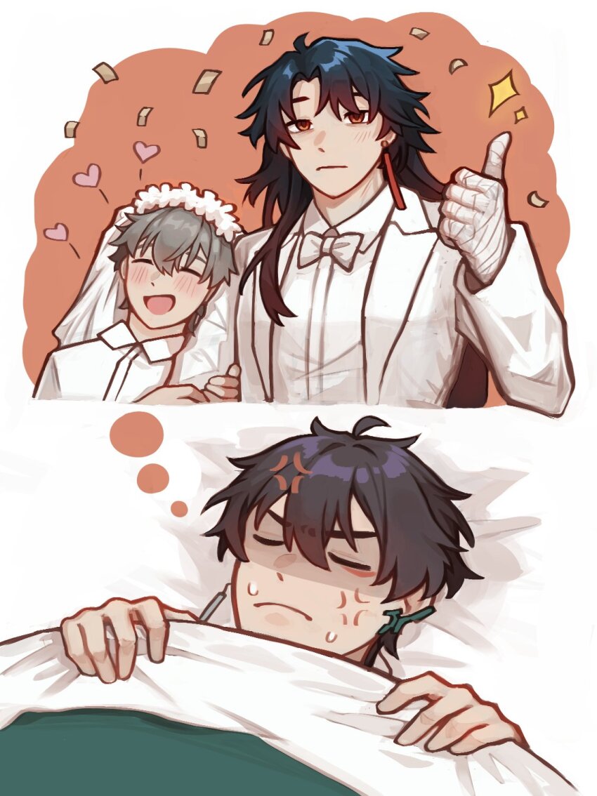 3boys alternate_costume anger_vein annoyed bandaged_hand bandages bed black_hair blade_(honkai:_star_rail) blanket blue_hair blush bow bowtie bridal_veil caelus_(honkai:_star_rail) closed_eyes closed_mouth collared_shirt confetti dan_heng_(honkai:_star_rail) dark_blue_hair earrings formal_clothes gradient_hair grey_hair hair_between_eyes hand_up headdress heart highres honkai:_star_rail honkai_(series) husband_and_husband jacket jewelry lapels long_hair long_sleeves looking_at_viewer lying male_focus multicolored_hair multiple_boys nightmare on_back on_bed open_clothes open_jacket open_mouth pha18m red_eyes red_hair shirt short_hair single_earring sleeping smile sparkle speech_bubble suit sweat thought_bubble thumbs_up trailblazer_(honkai:_star_rail) upper_body v-shaped_eyebrows veil white_bow white_bowtie white_jacket white_shirt yaoi