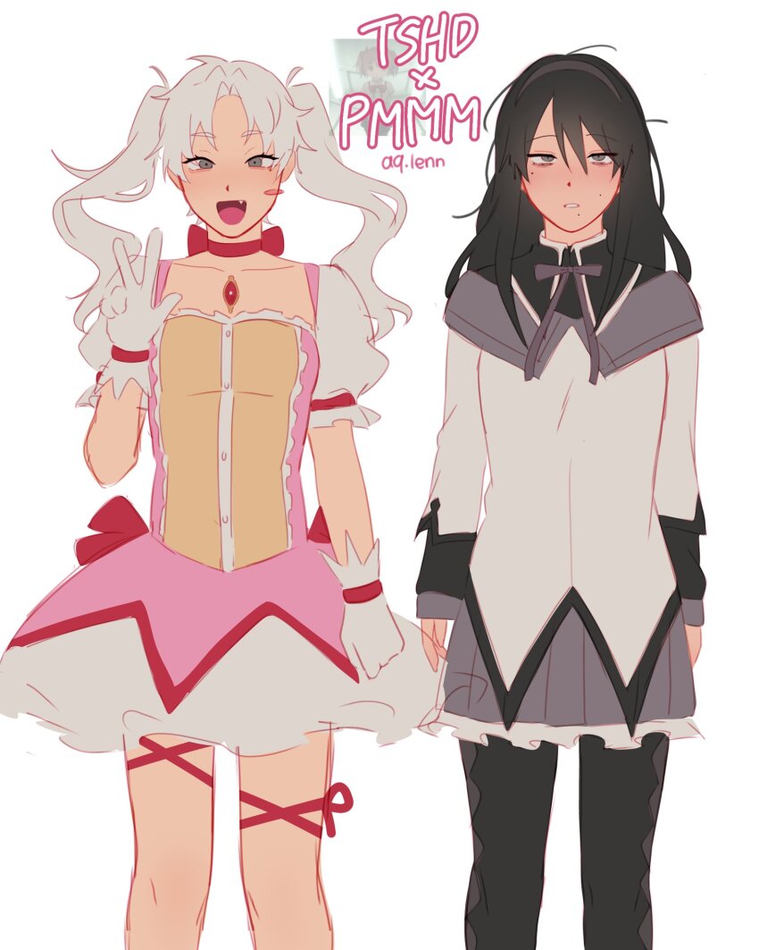 2girls akemi_homura akemi_homura_(magical_girl) aqlenn black_hair choker collarbone crossover dress fang feet_out_of_frame genderswap genderswap_(mtf) gloves grey_dress grey_eyes hand_up high_collar highres hikaru_ga_shinda_natsu indou_hikaru kaname_madoka kaname_madoka_(magical_girl) long_hair loose_hair_strand mahou_shoujo_madoka_magica multiple_girls open_mouth pantyhose pink_dress red_choker soul_gem standing teeth tsujinaka_yoshiki twintails v white_dress white_gloves white_hair yuri