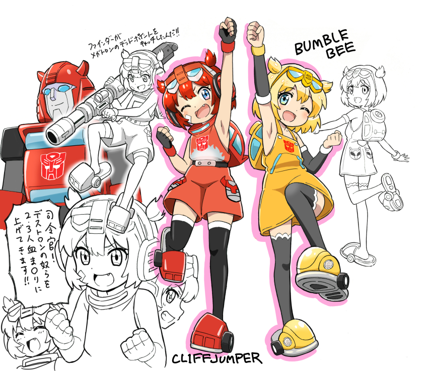 2girls absurdres arm_up autobot black_thighhighs blonde_hair blue_eyes bumblebee_(transformers) character_name clenched_hand clenched_hands cliffjumper dress eyewear_on_head fang genderswap genderswap_(mtf) glasses gun highres holding holding_gun holding_weapon humanization komagoma mecha multiple_girls multiple_views one_eye_closed red_hair robot short_hair slippers smile thighhighs transformers translation_request two_side_up weapon yellow_dress
