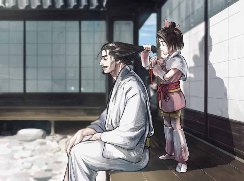 1boy 1girl absurdres aged_down architecture arm_warmers black_hair brother_and_sister brown_hair closed_eyes commentary_request east_asian_architecture facial_hair goatee highres japanese_clothes kimono oda_nobunaga_(sengoku_musou) oichi_(sengoku_musou) robe sengoku_musou short_kimono siblings smile socks tobo_katsuo topknot tying_another&#039;s_hair white_robe white_socks