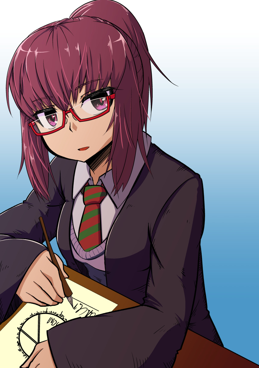 1girl absurdres aged_down collared_shirt commentary_request glasses highres long_sleeves looking_at_viewer mon-musu_quest! mon-musu_quest:_paradox necktie nipporicha-han ponytail promestein shirt solo sweater_vest writing
