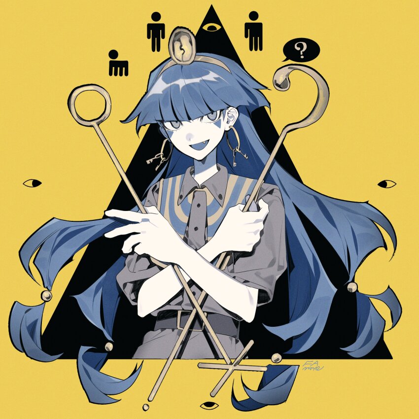 1girl ? absurdres belt black_background black_belt blue_capelet blue_eyes blue_hair border buttons capelet collared_shirt commentary crossed_arms earrings english_commentary facial_mark gold_hairband grey_shirt hair_ornament hairband hands_up headpiece higa423 highres hime_cut holding holding_polearm holding_weapon jewelry key_earrings long_hair looking_at_viewer low-tied_long_hair michigami_nareko open_mouth outside_border polearm shirt sign simple_background smile solo spoken_question_mark striped_capelet touhou triangle triangle_facial_mark upper_body wavy_hair weapon yellow_border