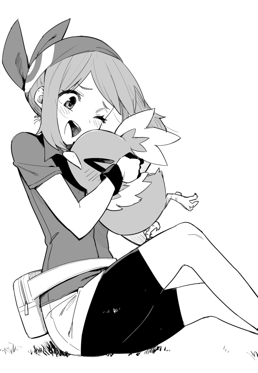 1girl absurdres bike_shorts creature gen_3_pokemon highres hug kuga_tsuniya may_(pokemon) nintendo one_eye_closed open_mouth pokemon pokemon_(creature) pokemon_rse shirt sitting solo torchic