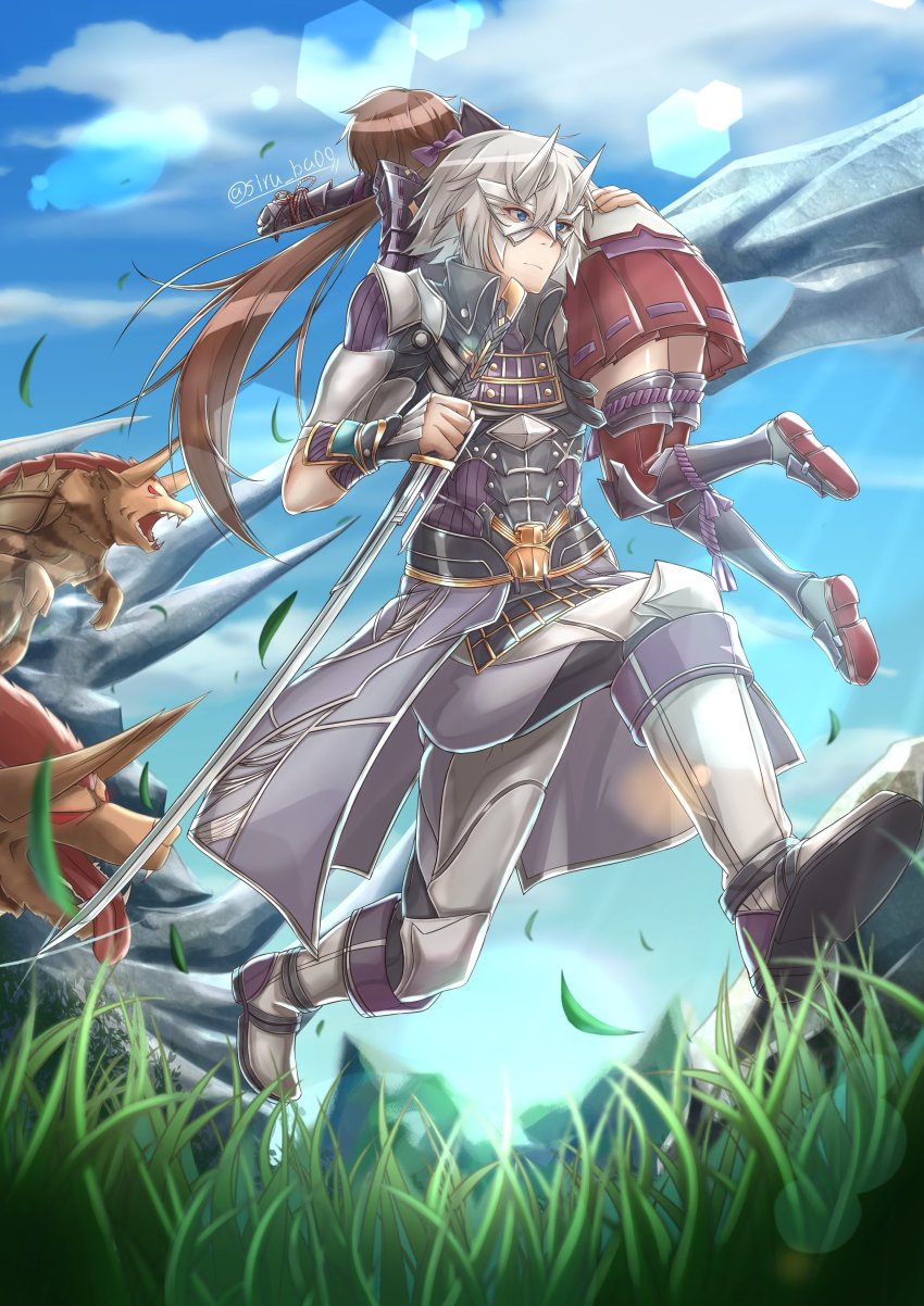 absurdres carrying_over_shoulder day fleeing grass highres holding holding_sword holding_weapon jin_(xenoblade) kagin_(kagou_shita_nanika) katana long_hair lora_(xenoblade) mask monster nintendo outdoors ponytail red_skirt running short_hair skirt sky sword thighhighs weapon xenoblade_chronicles_(series) xenoblade_chronicles_2 xenoblade_chronicles_2:_torna_-_the_golden_country zettai_ryouiki