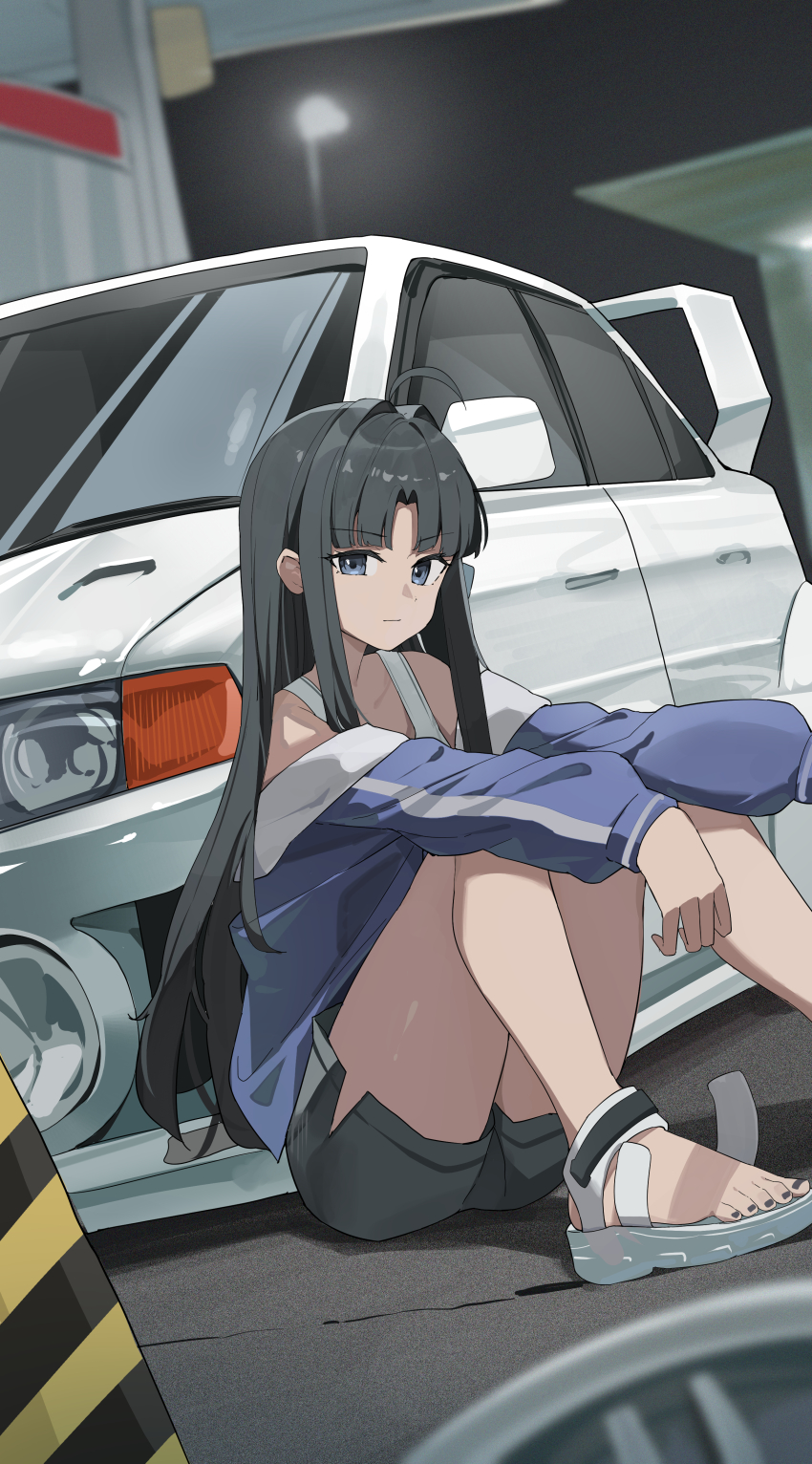 1girl absurdres ahoge awa_subaru bare_shoulders black_hair black_nails black_shorts blue_eyes blue_jacket closed_mouth dddm girls_band_cry hair_intakes highres jacket long_hair looking_at_viewer mitsubishi_lancer_evolution on_ground sandals short_shorts shorts sidelocks sitting solo tank_top white_sandals white_tank_top