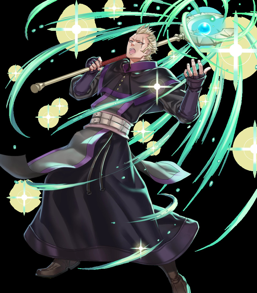 1boy aura belt blonde_hair boots brady_(fire_emblem) brown_eyes fingerless_gloves fire_emblem fire_emblem_awakening fire_emblem_heroes full_body gloves highres kuroba.k male_focus nintendo official_art open_mouth scar solo sparkle staff teeth transparent_background