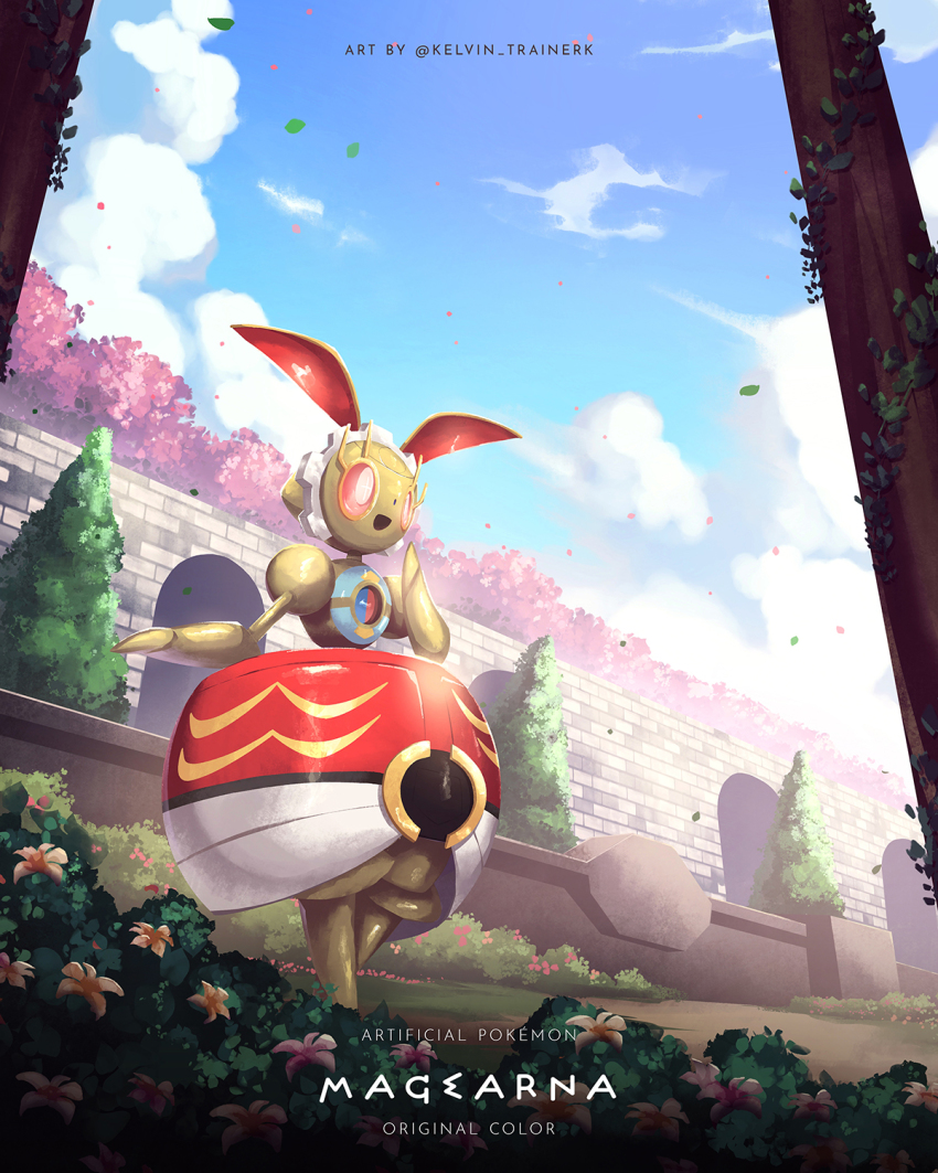 bright_pupils character_name cloud commentary copyright_name day flower from_below gen_7_pokemon highres kelvin-trainerk legendary_pokemon magearna magearna_(original) mythical_pokemon nintendo no_humans outdoors petals pokemon pokemon_(creature) red_eyes sky solo standing tree twitter_username wall white_pupils