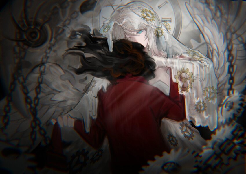1girl 1other black_fire blue_eyes censored censored_identity chain clock closed_mouth coat dante_(limbus_company) dress e.g.o_(project_moon) empty_sleeve everlasting_(e.g.o) faust_(project_moon) fire gears hand_up highres kp3963 limbus_company liquid_clothes long_sleeves project_moon red_coat short_hair veil white_dress white_hair white_veil white_wings wings