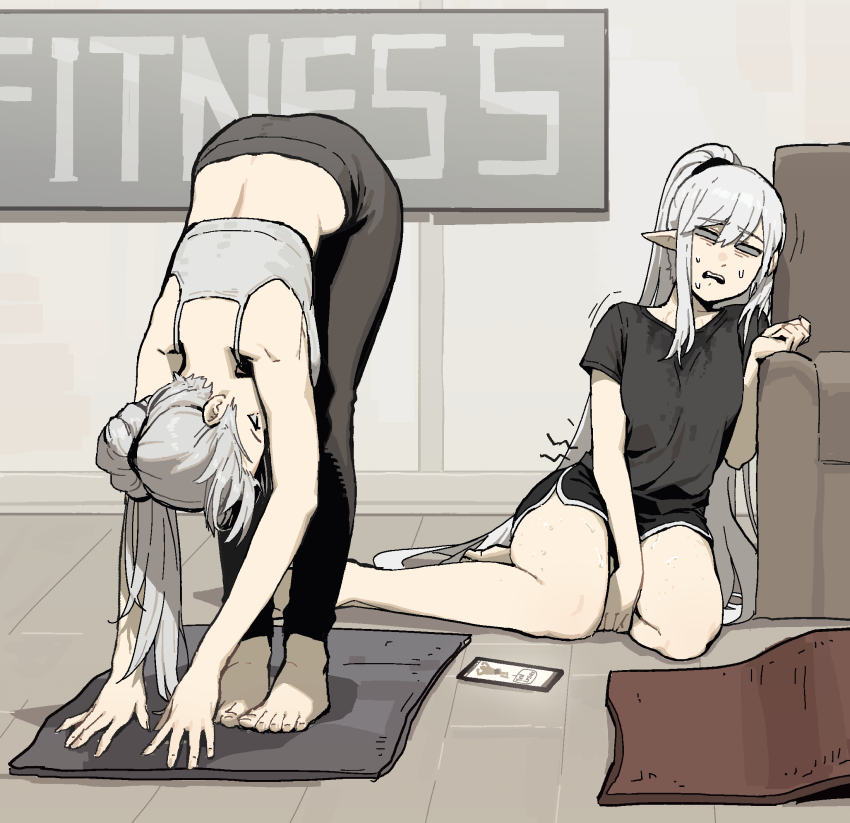 2girls bare_legs barefoot black_bra black_pants black_shirt black_shorts bra chair character_request english_text gogalking grey_hair highres leaning_forward long_hair maid_(gogalking) multiple_girls original pants parted_lips phone pointy_ears profile shadow shirt short_sleeves shorts sitting standing stretching sweat underwear vampire_(gogalking) very_long_hair yoga_mat yoga_pants