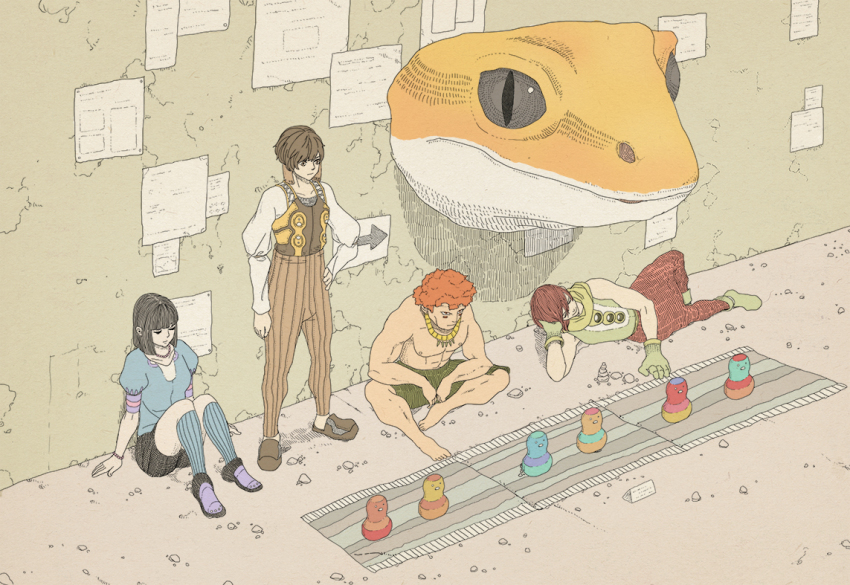 1girl 3boys barefoot brown_hair clay doll gecko gloves grey_hair hand_on_own_hip jewelry lizard lying merchandise merchant multiple_boys orange_hair original paper topless_male short_hair sitting surreal yonezu_kenshi