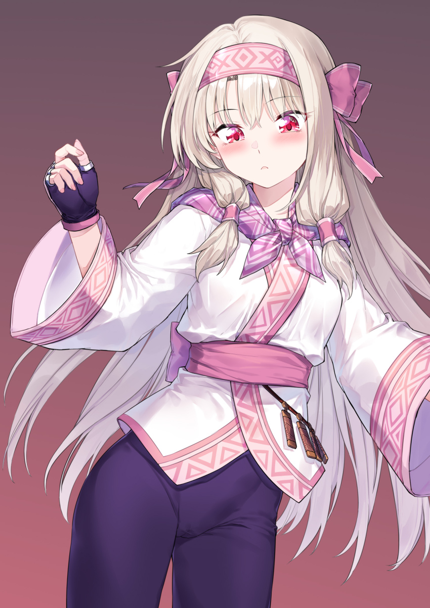 1girl ainu_clothes black_pantyhose breasts coffeekite fate/grand_order fate_(series) fingerless_gloves fur_trim gloves hairband highres long_hair looking_at_viewer pantyhose purple_gloves purple_hairband purple_scarf red_eyes sash scarf shirt sidelocks sitonai_(fate) small_breasts solo white_hair white_shirt