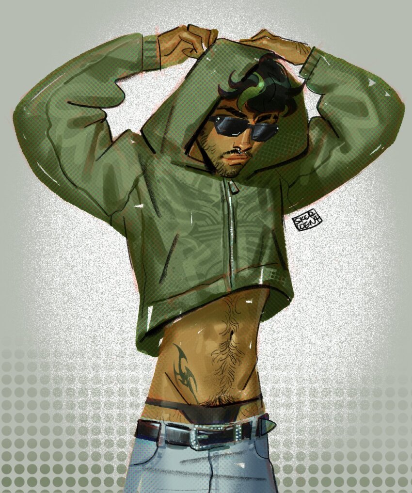 1boy antonio_leon_mars_(skcd_loen) arms_up artist_logo beard_stubble belt black-framed_eyewear black_belt black_hair black_panties closed_mouth commentary cowboy_shot cropped_hoodie cross cross_print curled_fingers cyber_sigilism denim eyebrow_cut facial_hair fashion gradient_background green_hoodie green_streaks grey_background halftone hashtag-only_commentary highres hip_tattoo hood hood_up hoodie jeans light_smile logo lowleg lowleg_panties lowleg_pants male_focus mustache navel original panties pants pubic_hair ring_piercing single_hair_streak skcd_loen sketch sparse_leg_hair stomach stomach_hair streetwear stubble sunglasses symbol-only_commentary tan tattoo thick_lineart underwear y2k_fashion zipper