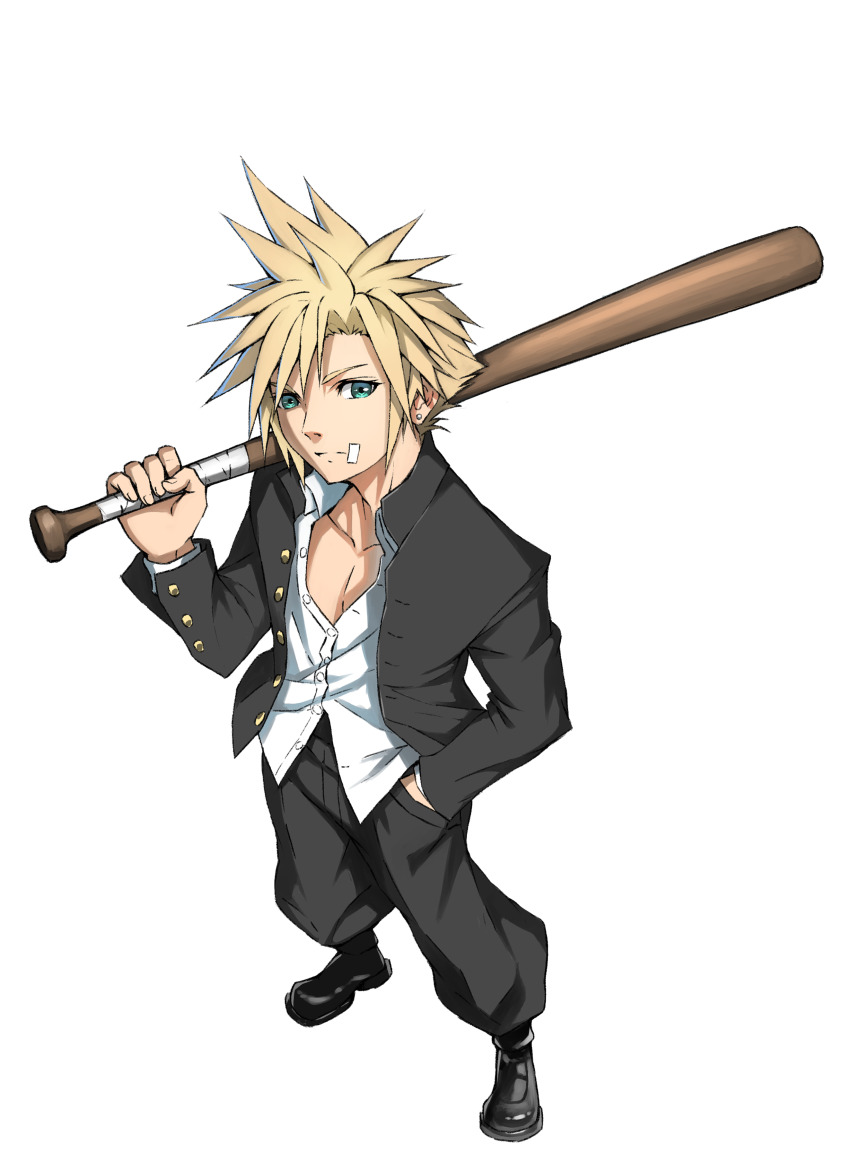 1boy absurdres baggy_pants bandaid bandaid_on_cheek bandaid_on_face baseball_bat black_jacket black_pants blonde_hair blue_eyes closed_mouth cloud_strife cloud_strife_(midgard_seventh_high_school) collarbone collared_shirt commentary_request delinquent final_fantasy final_fantasy_vii final_fantasy_vii_ever_crisis from_above full_body gakuran hand_in_pocket highres holding holding_baseball_bat jacket looking_at_viewer male_focus official_alternate_costume open_clothes open_jacket pants partially_unbuttoned school_uniform shirt short_hair spiked_hair standing white_background white_shirt zupakyo