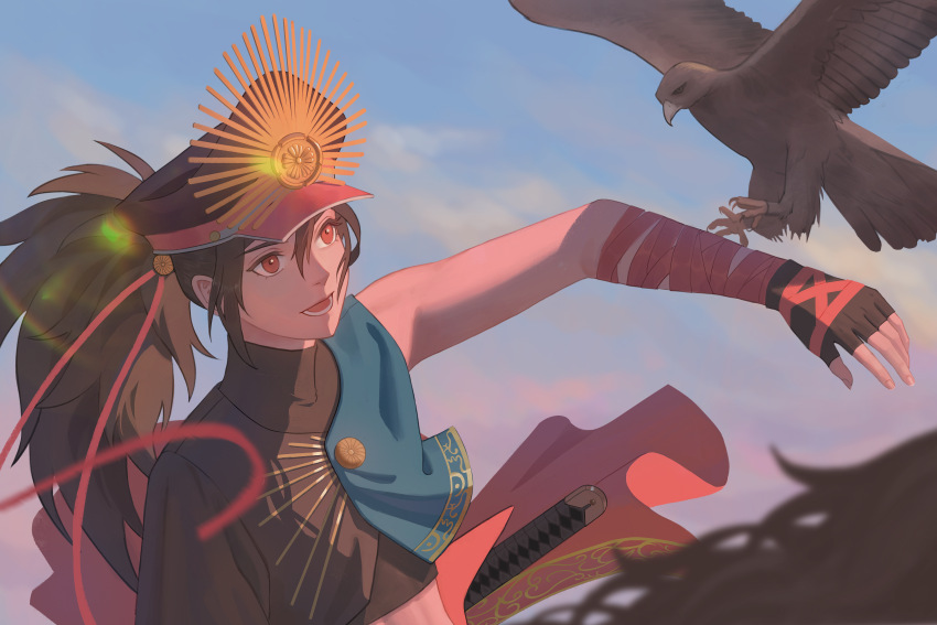 1boy absurdres arm_wrap asymmetrical_clothes bird black_hair crest family_crest fate/grand_order fate_(series) fingerless_gloves gloves hat hawk highres long_hair military_hat oda_kippoushi_(fate) oda_nobunaga_(fate) oda_nobunaga_(koha-ace) oda_uri open_mouth peaked_cap ponytail red_eyes shirt single_sleeve smile sword tight_top upper_body user_cpnx4727 weapon