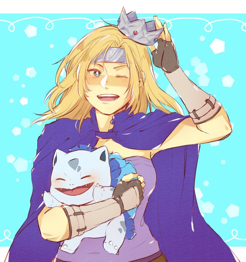 1girl 1other blonde_hair blue_eyes bulbasaur cape commission fingerless_gloves fire_emblem fire_emblem:_radiant_dawn gen_1_pokemon gloves headband heather_(fire_emblem) highres looking_at_viewer namiine nintendo one_eye_closed pokemon second-party_source