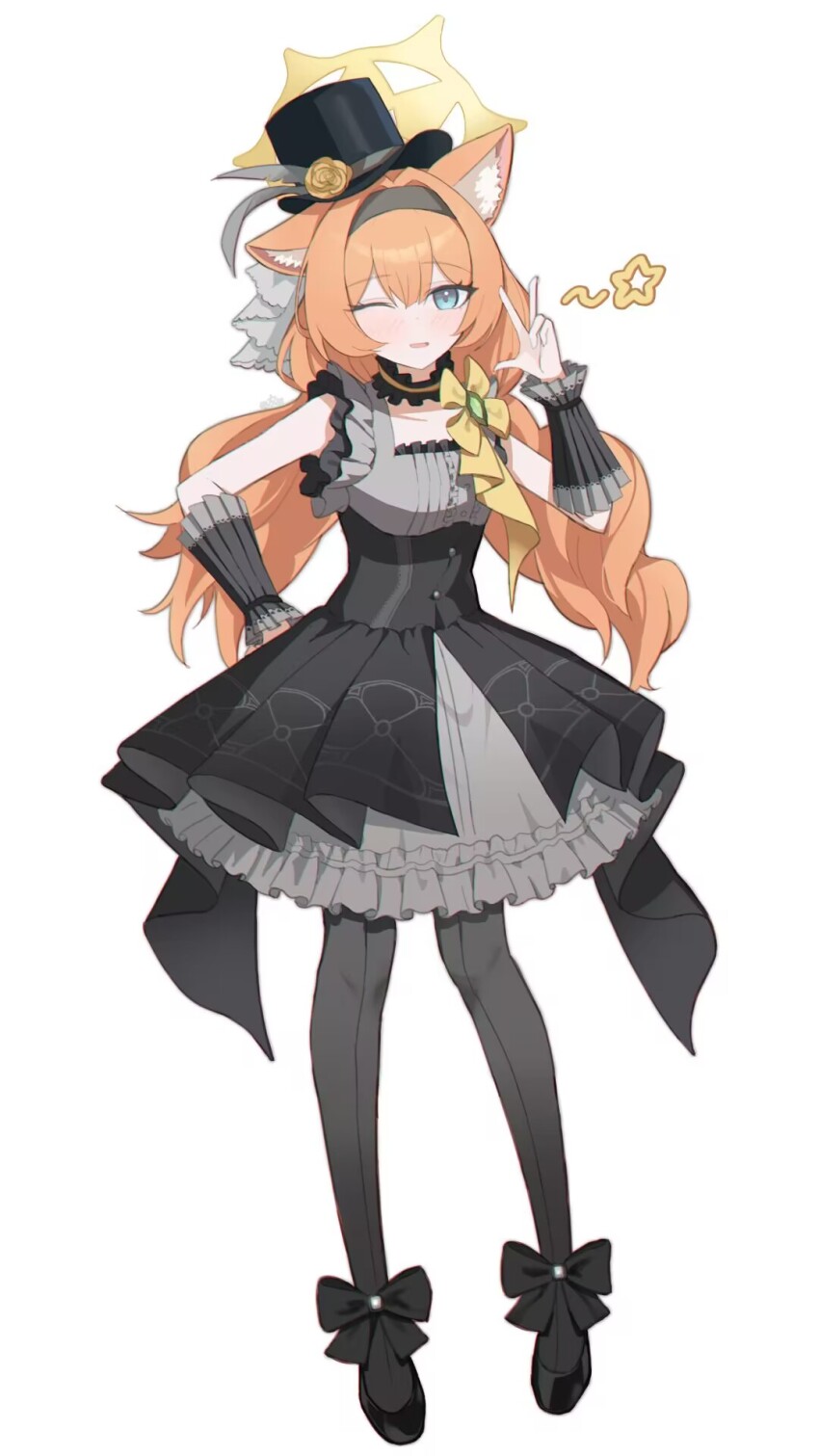 1girl ;d animal_ear_fluff animal_ears black_bow black_dress black_hat black_shoes blue_archive blue_eyes bow breasts cat_ears collarbone commentary_request dress frilled_dress frills full_body grey_pantyhose hair_between_eyes halo hand_up hat highres hui_yu_yu_yu_ye long_hair low_twintails mari_(blue_archive) mari_(idol)_(blue_archive) mini_hat one_eye_closed open_mouth orange_hair pantyhose pleated_dress shoes simple_background small_breasts smile solo star_(symbol) tilted_headwear top_hat twintails very_long_hair w white_background