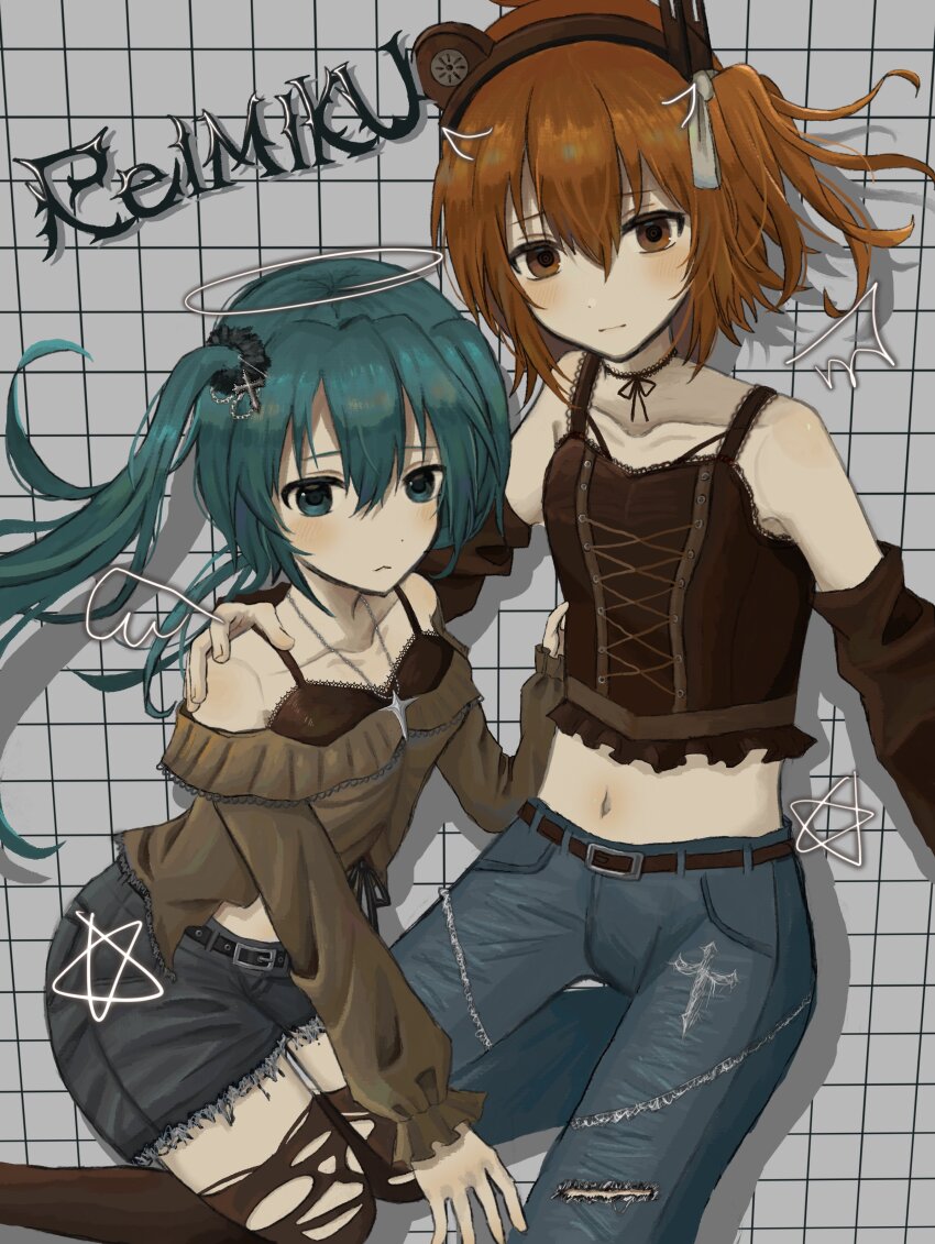 2girls a.i._voice absurdres adachi_rei belt black_belt black_shirt black_sleeves blue_hair blush closed_eyes collared_shirt cropped_shirt cross cross_necklace denim denim_shorts detached_sleeves flat_chest frilled_sleeves frills grey_background hair_ribbon halo hand_on_another&#039;s_shoulder hashtag-only_commentary hatsune_miku hexagram highres jeans jewelry kneeling leaning_forward leg_up long_hair long_sleeves looking_at_viewer midriff multiple_girls navel necklace neex_el off-shoulder_shirt off_shoulder orange_eyes orange_hair pants pentagram ribbon shirt shorts side_ponytail simple_background sleeveless sleeveless_shirt standing standing_on_one_leg star_(symbol) star_of_david torn_clothes torn_jeans torn_pants twintails utau vocaloid white_ribbon