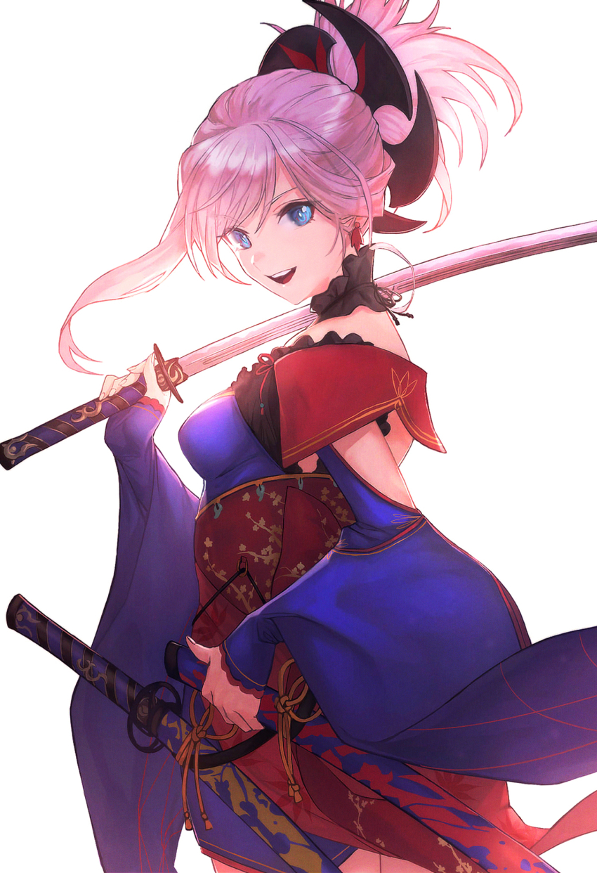 1girl blue_eyes blue_kimono breasts earrings fate/grand_order fate_(series) hair_ornament highres holding holding_sword holding_weapon japanese_clothes jewelry katana kimono long_hair looking_at_viewer medium_breasts miyamoto_musashi_(fate) miyamoto_musashi_(third_ascension)_(fate) miyamoto_satoru obi pink_hair ponytail revision sash sheath sheathed simple_background single_sidelock smile solo swept_bangs sword teeth upper_teeth_only weapon white_background