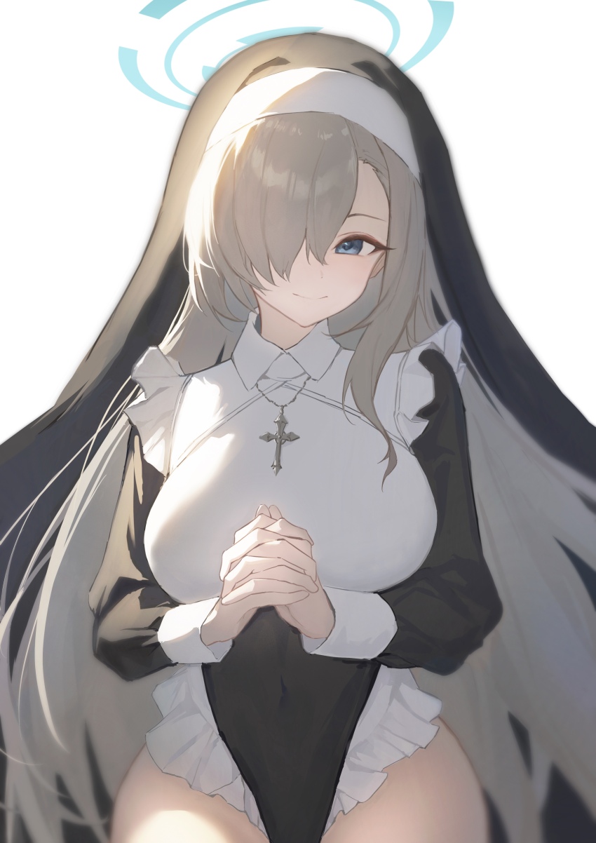 1girl absurdres asuna_(blue_archive) blue_archive blue_eyes blush breasts closed_mouth commentary covered_navel cowboy_shot cross hair_over_one_eye halo highres interlocked_fingers large_breasts long_hair long_sleeves looking_at_viewer nun own_hands_together smile solo very_long_hair white_background zi_zz