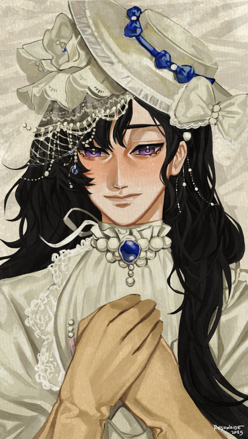 1girl 2025 absurdres artist_name black_hair bow closed_mouth dress gloves grey_background hand_on_own_chest hands_up hat hat_bow highres isolde_(reverse:1999) jewelry long_hair looking_at_viewer necklace own_hands_together pearl_necklace purple_eyes reverse:1999 ripshinaide smile solo tilted_headwear upper_body veil white_bow white_dress white_hat white_veil yellow_gloves