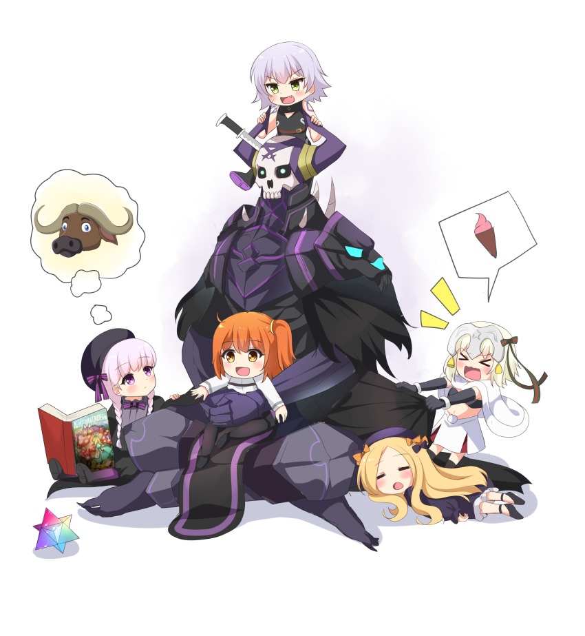 &gt;_&lt; 10s 1boy 5girls :d abigail_williams_(fate) absurdres alice_in_wonderland armor bare_shoulders bell beret bikini bikini_top_only black_bikini black_bow black_cloak black_dress black_footwear black_gloves black_hat blonde_hair blush book bow braid brown_eyes brown_hair bull capelet chaldea_uniform cloak closed_eyes commentary crossed_legs dress elbow_gloves english_commentary fate/extra fate/grand_order fate_(series) food forehead fujimaru_ritsuka_(male) gloves glowing glowing_eyes gothic_lolita green_bow green_eyes green_ribbon hair_bow hat headpiece highres ice_cream ice_cream_cone ikazu401 jack_the_ripper_(fate/apocrypha) jacket jeanne_d&#039;arc_(fate) jeanne_d&#039;arc_alter_santa_lily_(fate) king_hassan_(fate) knife_in_head lolita_fashion long_hair low_twintails lying multiple_girls nursery_rhyme_(fate) object_through_head on_lap on_stomach one_side_up open_book open_mouth orange_bow parted_bangs pink_hair ribbon saint_quartz_(fate) shirt shoe_soles shoes shoulder_tattoo silver_hair skull sleeping sleeveless sleeveless_shirt smile soft_serve spikes spoken_object striped_bow striped_ribbon swimsuit tattoo twin_braids twintails very_long_hair wavy_mouth white_background white_capelet white_dress white_jacket