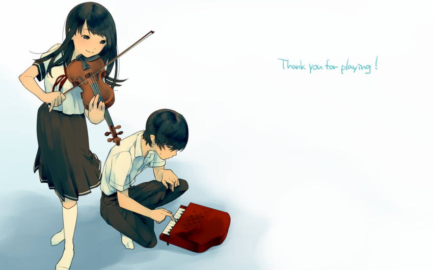 1boy 1girl black_eyes black_hair clockup highres hime_cut holding holding_instrument holding_violin instrument keyboard_(instrument) kneehighs long_hair natsu_no_kusari non-web_source norizane okuno_shinji school_uniform shirai_mitsuki smile socks thank_you violin white_socks
